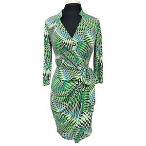 MAGGY LONDON Abstract Statement Print Long Sleeve Wrap Dress Green & Blue Size 6